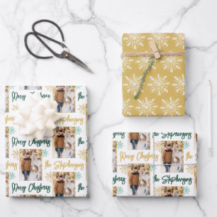 Merry Christmas Photo Script Name Gold Green Wrapping Paper Sheets