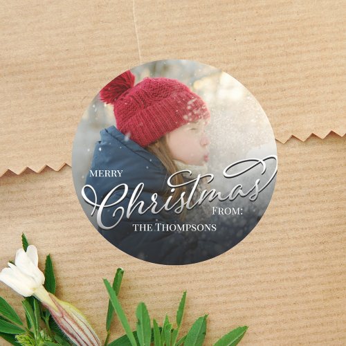 Merry Christmas Photo Silver Calligraphy Script Classic Round Sticker