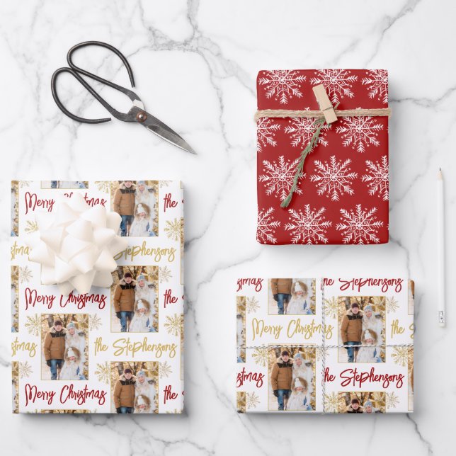 Merry Christmas Photo Snowflake Name Red Gold Wrapping Paper Sheets (Front)