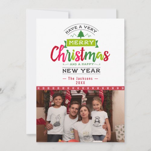 Merry Christmas  Photo Snowflake Ribbon Typography Holiday Card