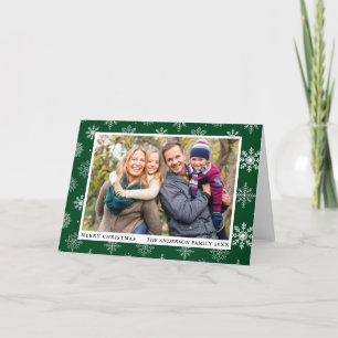 Merry Christmas Photo Snowflakes Green Holiday Card