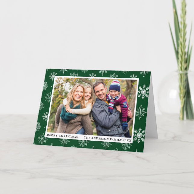 Merry Christmas Photo Snowflakes Green Holiday Card (Front)