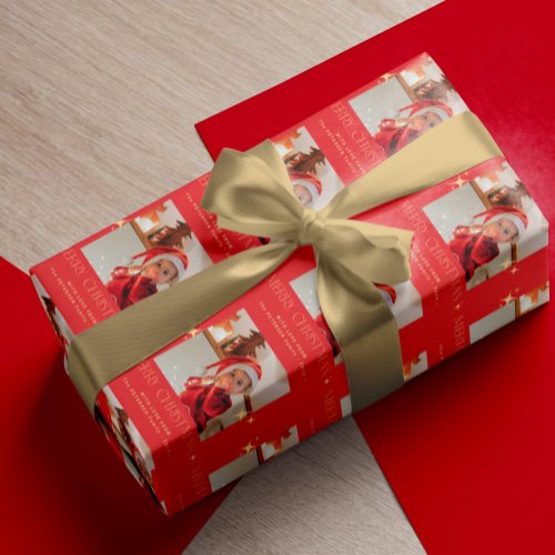 Merry Christmas photo text personalized red Wrapping Paper