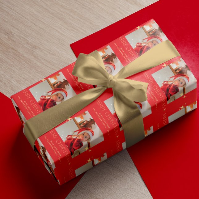 Merry Christmas photo text personalized red Wrapping Paper (Creator Uploaded)