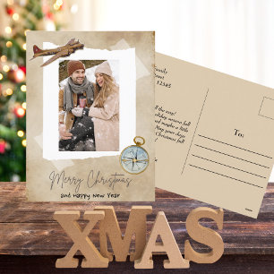 Merry Christmas Photo,Vintage Airplane & Compass Holiday Postcard