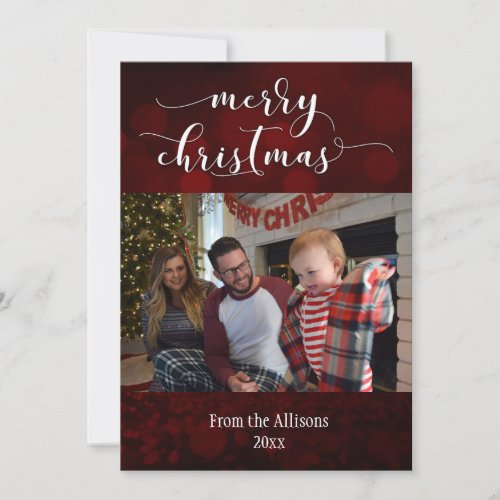 Merry Christmas Photo w Dark Red Background Holiday Card