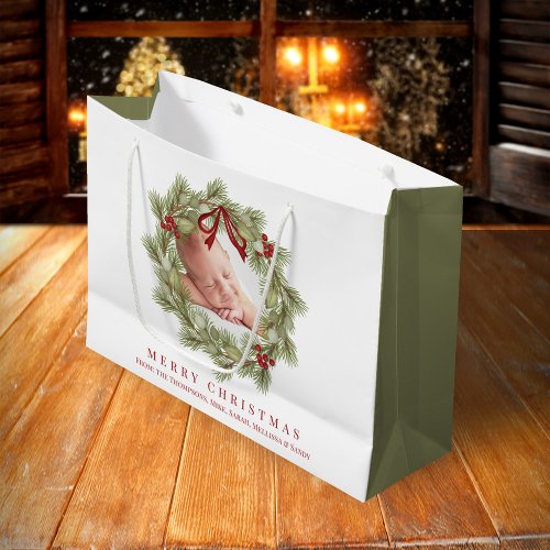 Merry Christmas Photo Watercolor Greenery Wreath  Large Gift Bag
