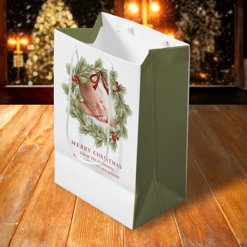 Merry Christmas Photo Watercolor Greenery Wreath  Medium Gift Bag