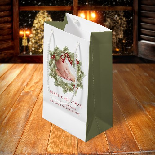 Merry Christmas Photo Watercolor Greenery Wreath  Small Gift Bag
