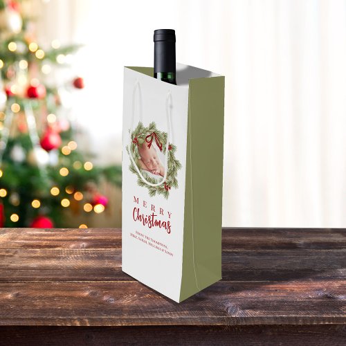 Merry Christmas Photo Watercolor Greenery Wreath  Wine Gift Bag