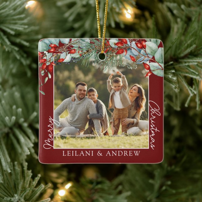 Merry Christmas Photo & Watercolor Holly Burgundy Ceramic Ornament (Tree)