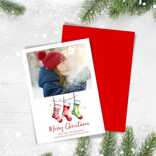 Merry Christmas Photo Watercolor Stockings Holiday Card
