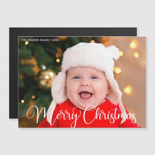 Merry Christmas Photo White Script Magnet Card