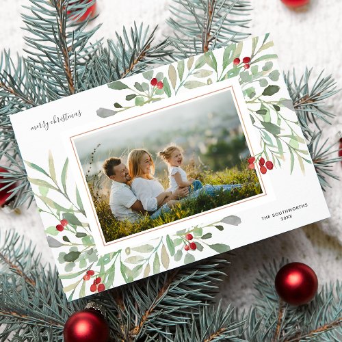 Merry Christmas Photo Winter Foliage Red Berries Holiday Card