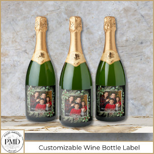 Merry Christmas Photo Wreath Botanical Sparkling Wine Label