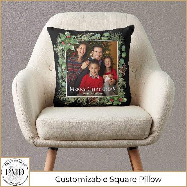 Merry Christmas Photo Wreath Botanical Throw Pillow (Merry Christmas Photo Wreath Botanical Square Pillow with Your Photo, Name, Year.)