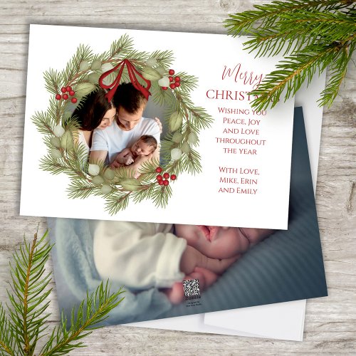 Merry Christmas Photo Wreath Greenery Holly Berry Holiday Card