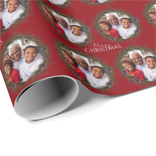 Merry Christmas Photo Wreath Red Christmas Wrapping Paper (Roll Corner)