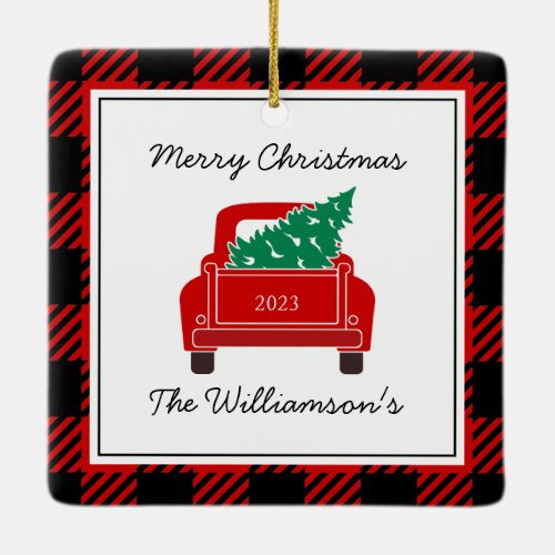 Merry Christmas Photo Year Name Red Truck Tree Ceramic Ornament