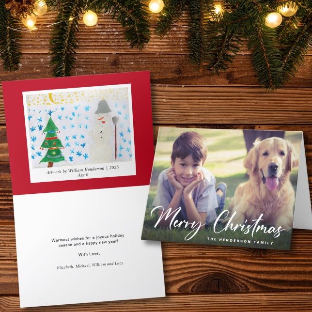 Merry Christmas Photo Your Childs Artwork Holiday Card (Creator Uploaded)