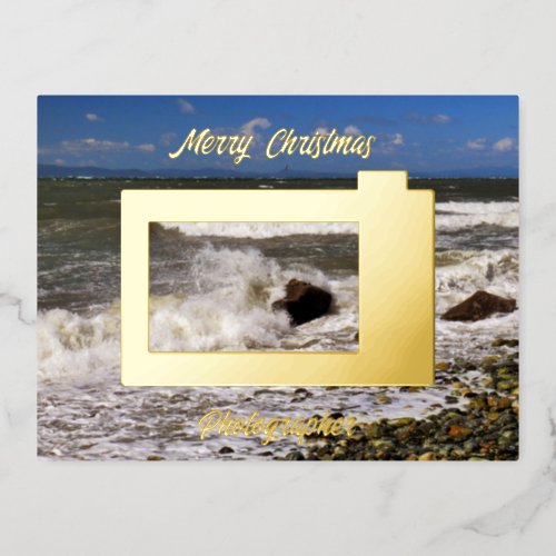 Merry Christmas Photographer Camera Beach Photo    Foil Holiday Postcard