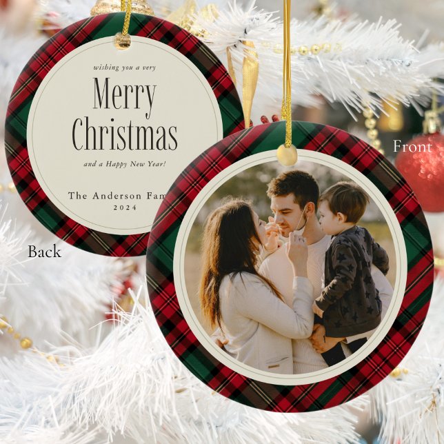 Merry Christmas Photos Elegant Green Red Plaid  Ceramic Ornament (Merry Christmas Photos Elegant Green Red Plaid Ceramic Ornament)