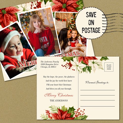 MERRY CHRISTMAS PHOTOS POINSETTIAS  POSTCARD