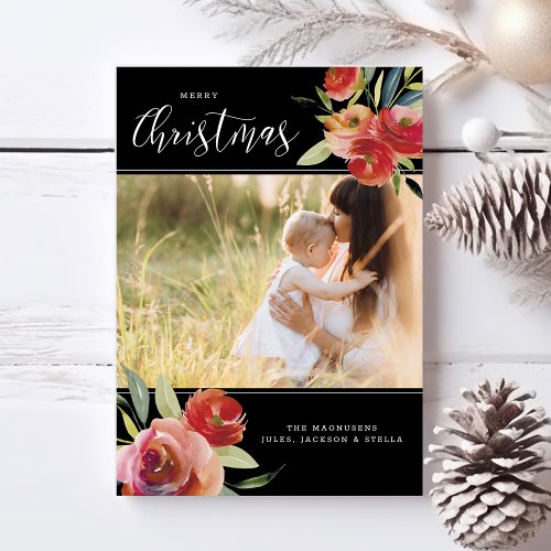 Merry Christmas Photos Red Watercolor Floral Black Holiday Card