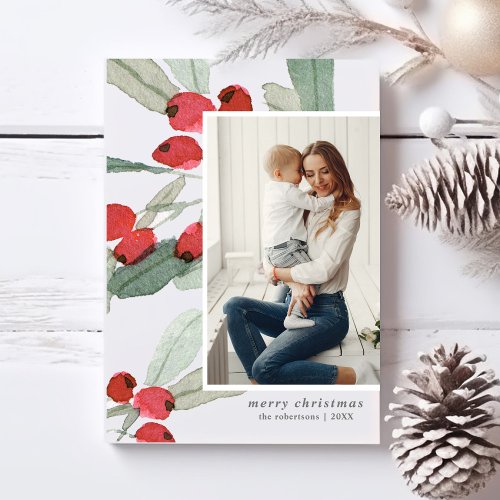 Merry Christmas Photos Watercolor Berries Holiday Card