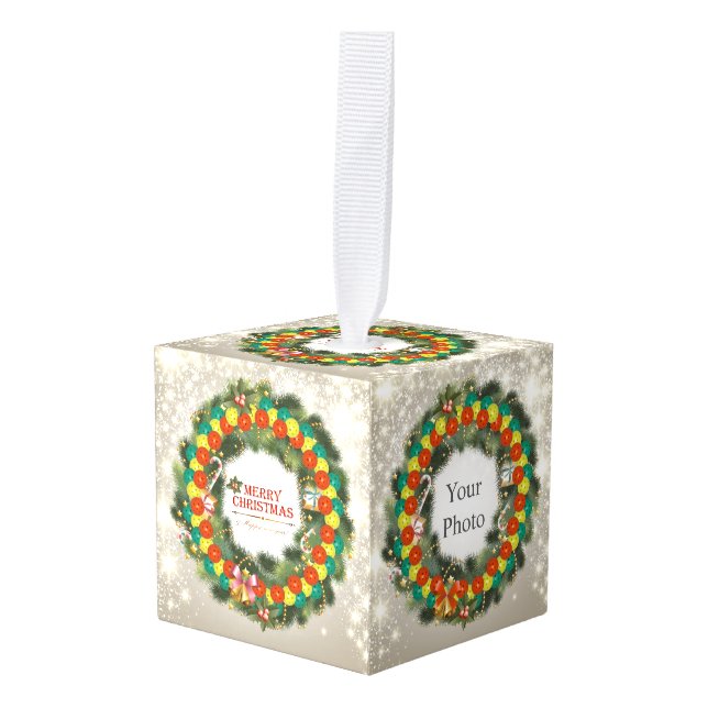 Merry Christmas Pickleball 1 Custom Cube Ornament (Front Angled)