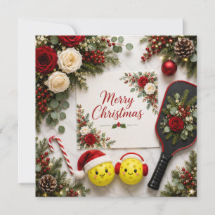 Merry Christmas Pickleball Floral Greeting Card