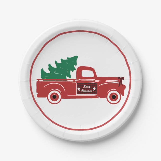 Merry Christmas pickup and tree Paper Plates (Front)