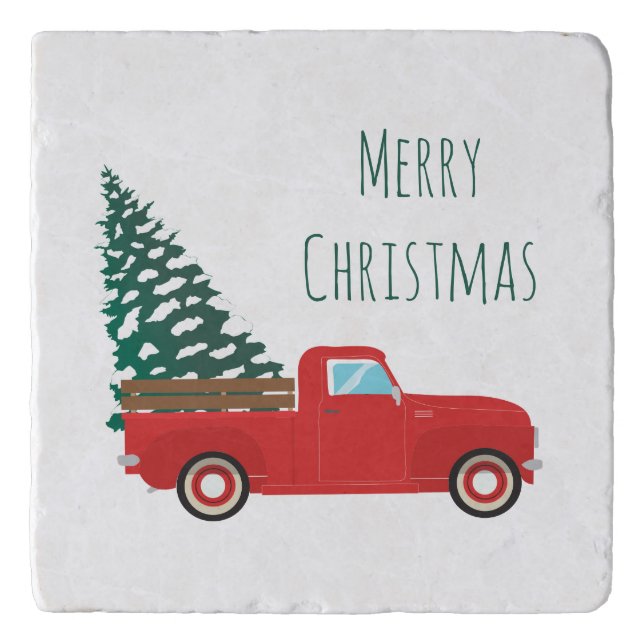 Merry Christmas Pickup Truck Christmas Tree Trivet (Front)
