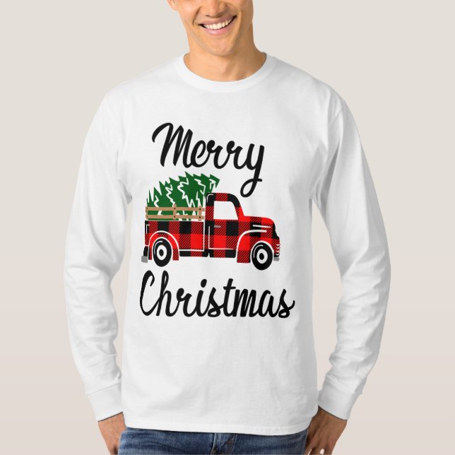 Merry Christmas Pickup Truck Country Tree Red Buff T-Shirt (Front)
