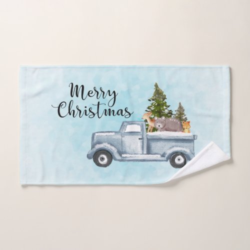 Merry Christmas Pickup Truck with Animals  Trees Bath Towel Set