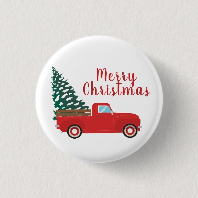 Merry Christmas Pickup Truck With Tree Red Button (Front)