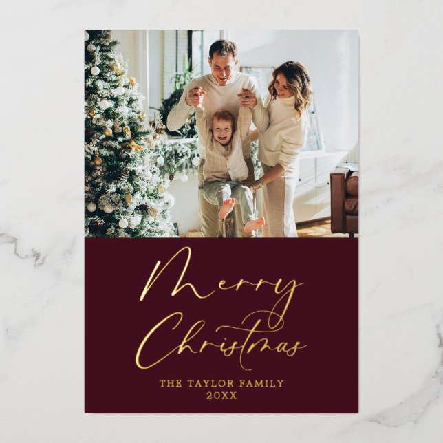 Merry Christmas Picture Burgundy Red with Gold Foil Holiday Card (Front)