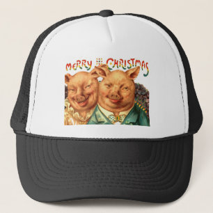 Merry Christmas Pigs Vintage Postcard Art Trucker Hat
