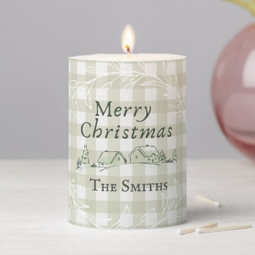 Merry Christmas Pillar Candle _ Green Gingham