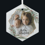 Merry Christmas pine and berries photo Glass Ornament<br><div class="desc">Christmas Pine and berries frame Family Photo Ornament. Add your favorite family photo.</div>