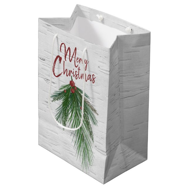 Merry Christmas Pine and Berry Medium Gift Bag (Front Angled)