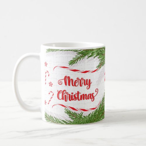Merry Christmas Pine and Peppermints Design Coffee Mug