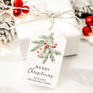 Merry Christmas Pine and Red Berries Holiday Gift Tags