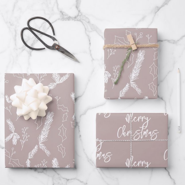 Merry Christmas Pine Berries Pattern Blush Wrapping Paper Sheets (Front)