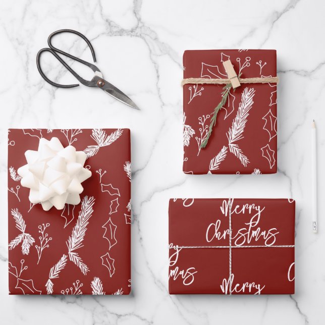 Merry Christmas Pine Berries Pattern Red Wrapping  Paper Sheets (Front)