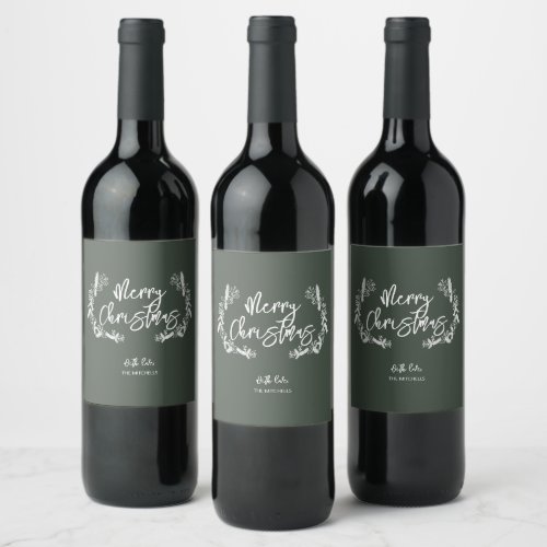 Merry Christmas Pine Berry Leaves Green Wine Label
