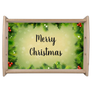 Merry Christmas Pine Bough Accent Retro Holiday Serving Tray