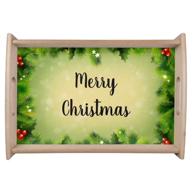 Merry Christmas Pine Bough Accent Retro Holiday Serving Tray (Front)