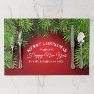 Merry Christmas Pine Boughs Berries Classic Custom Paper Placemat