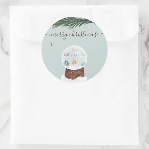 Merry Christmas pine branch snow globe Classic Round Sticker